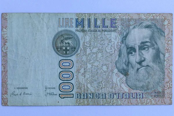 Деньги Италия Тысяча Лир Банкнот Валютной Истории Бумажных Бумажных Банковских — стоковое фото