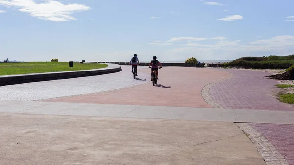Man Woman Unrecognizable Riding Bicycles Rear Photograph Beach Ocean Promenade — стоковое фото