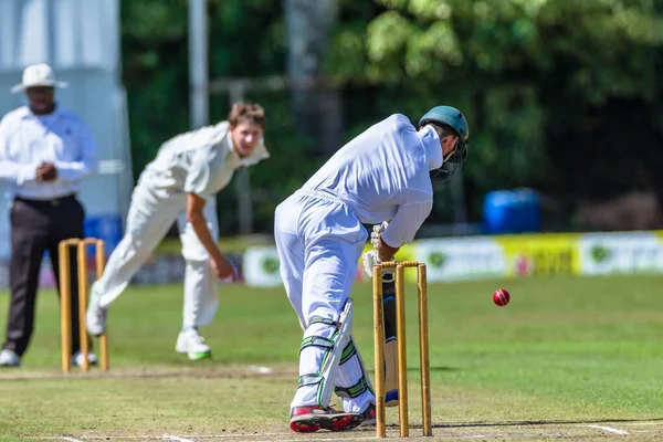 Cricket Action Slagman Spelar Röd Boll Levereras Från Bowler Oigenkännliga Stockbild