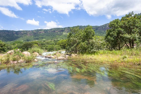 Fluss Kleiner Nebenfluss Sauberen Wassers Fließt Über Felsige Stromschnellen Sommer — Stockfoto