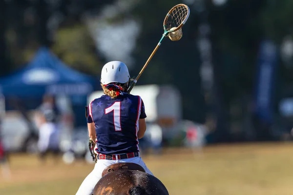 Polo Cross Player Horse Pony Woman Rider Unrecognizable Ball Racket — Stock Photo, Image