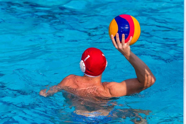 Waterpolo Game Swimmer Player Unrecognizable Rear Photo Ball Hand Play — Stock Photo, Image