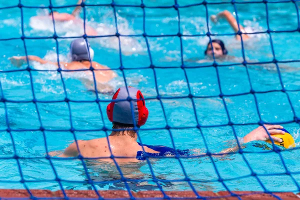Waterpolo Game Swimmer Goalkeeper Player Unrecognizable Rear Photo Ball Hand — Stock Photo, Image