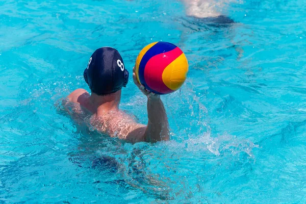Waterpolo Game Swimmer Player Unrecognizable Rear Photo Ball Hand Play — Stock Photo, Image