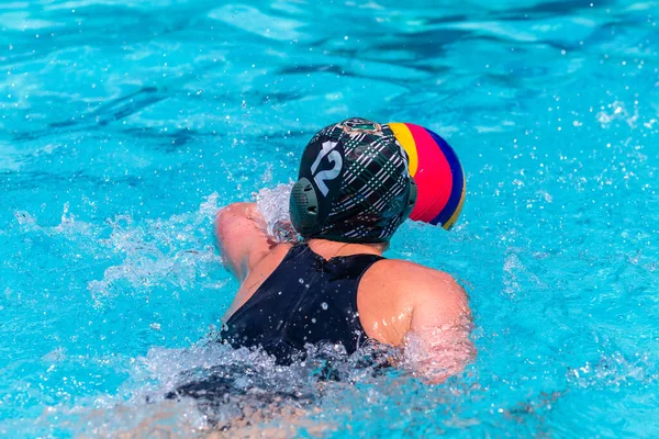 Waterpolo Game Swimmer Girl Female Player Unrecognizable Rear Photo Ball — Stockfoto