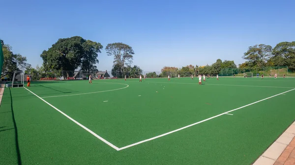 Hockey Field Game Girl Players Goals Game Astro Turf Outdoor — стоковое фото