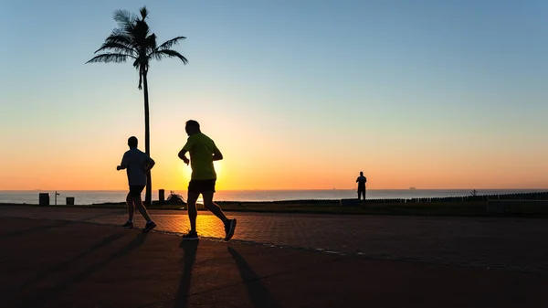 Athlete Runners Silhouetted Training Beach Promenade Sunrise Ocean Scenic Lifestyle — стоковое фото