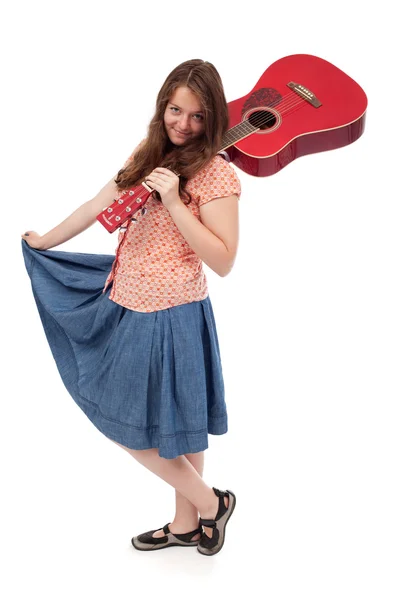 Retro teenage pige med rød guitar - Stock-foto