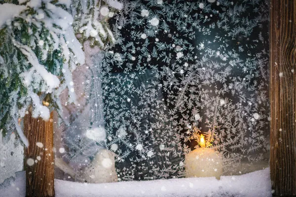 Winter Evening Snowing Candle Window — Stock Photo, Image