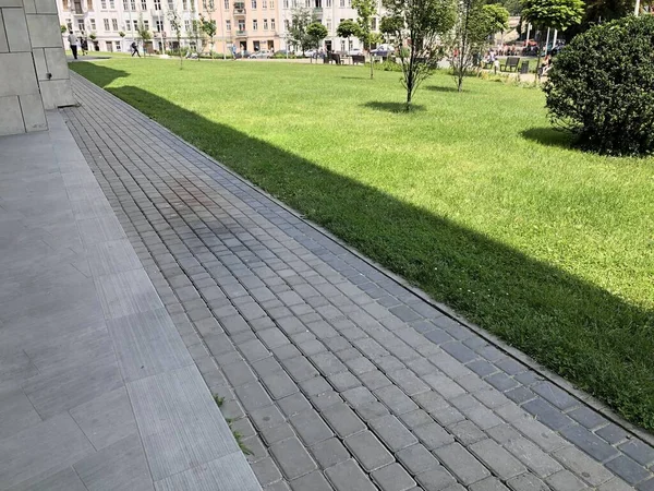 Vista Perspectiva Monotone Gray Brick Stone Ground Street Road Passeio — Fotografia de Stock