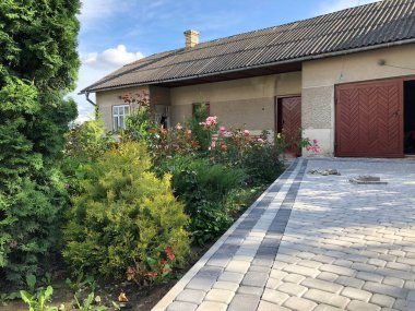 Gündüzleri şık bahçede çeşitli renklerde birbirine yakın köşeler.