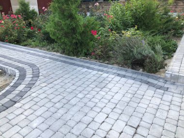 Gündüzleri şık bahçede çeşitli renklerde birbirine yakın köşeler.