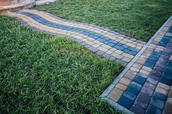 Yeşil bitkilerle dolu bahçe taşı patikası, gündüz vakti tuğla kaldırım. 