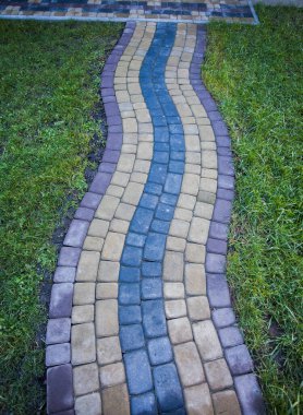 Yeşil bitkilerle dolu bahçe taşı patikası, gündüz vakti tuğla kaldırım. 