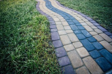 Yeşil bitkilerle dolu bahçe taşı patikası, gündüz vakti tuğla kaldırım. 