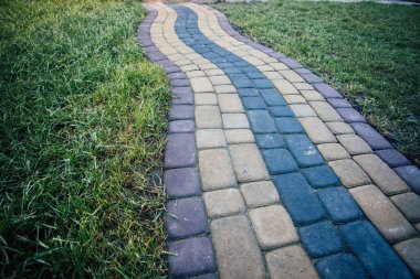 Yeşil bitkilerle dolu bahçe taşı patikası, gündüz vakti tuğla kaldırım. 