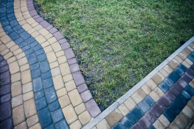 Yeşil bitkilerle dolu bahçe taşı patikası, gündüz vakti tuğla kaldırım. 