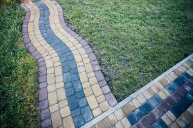 Yeşil bitkilerle dolu bahçe taşı patikası, gündüz vakti tuğla kaldırım. 