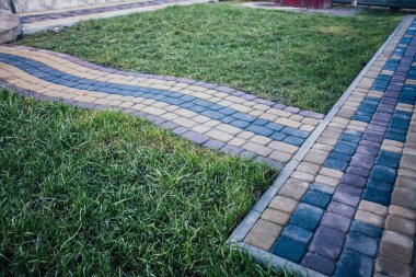 Yeşil bitkilerle dolu bahçe taşı patikası, gündüz vakti tuğla kaldırım. 