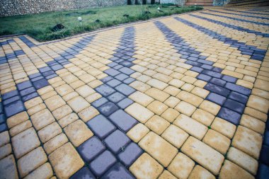 Yeşil bitkilerle dolu bahçe taşı patikası, gündüz vakti tuğla kaldırım. 