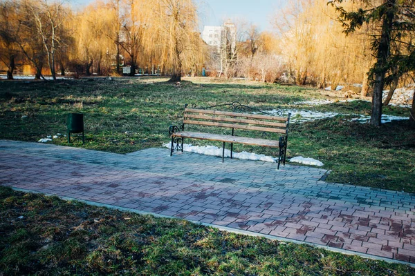 Şehir parkındaki ahşap bank.