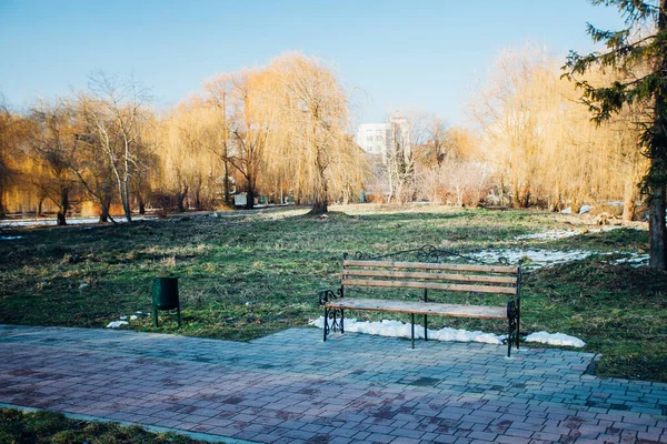 Şehir parkındaki ahşap bank.