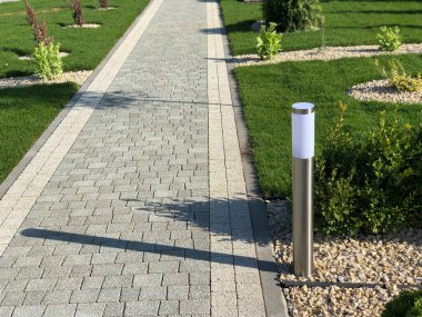 Yeşil bitkilerle dolu bahçe taşı patikası, gündüz vakti tuğla kaldırım. 