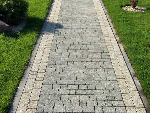 Garden stone path with green plants, brick sidewalk at daytime