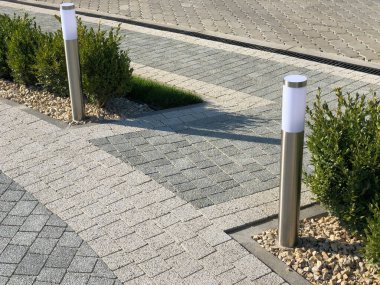 Yeşil bitkilerle dolu bahçe taşı patikası, gündüz vakti tuğla kaldırım. 