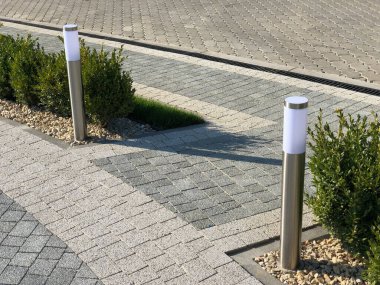 Yeşil bitkilerle dolu bahçe taşı patikası, gündüz vakti tuğla kaldırım. 