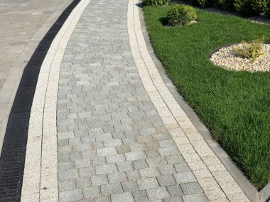 Yeşil bitkilerle dolu bahçe taşı patikası, gündüz vakti tuğla kaldırım. 