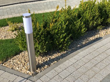 Yeşil bitkilerle dolu bahçe taşı patikası, gündüz vakti tuğla kaldırım. 