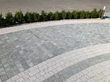 Yeşil bitkilerle dolu bahçe taşı patikası, gündüz vakti tuğla kaldırım. 