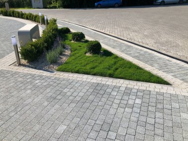 Yeşil bitkilerle dolu bahçe taşı patikası, gündüz vakti tuğla kaldırım. 