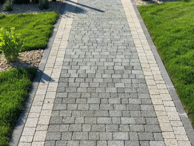 Yeşil bitkilerle dolu bahçe taşı patikası, gündüz vakti tuğla kaldırım. 