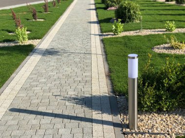 Yeşil bitkilerle dolu bahçe taşı patikası, gündüz vakti tuğla kaldırım. 