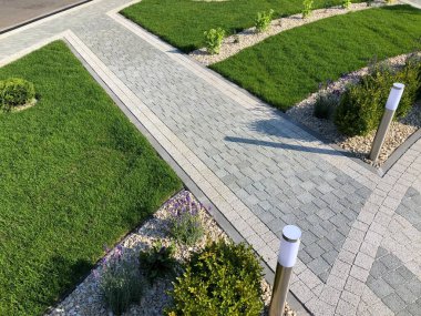 Yeşil bitkilerle dolu bahçe taşı patikası, gündüz vakti tuğla kaldırım. 