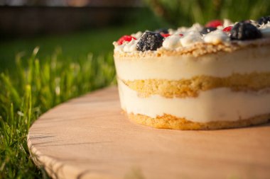 Tahta üzerinde tatlı pasta Çimen arka planda duruyor