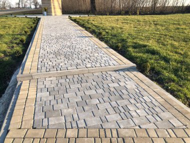 Yeşil bitkilerle dolu bahçe taşı patikası, gündüz vakti tuğla kaldırım. 