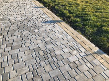 Yeşil bitkilerle dolu bahçe taşı patikası, gündüz vakti tuğla kaldırım. 