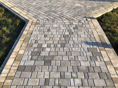 Yeşil bitkilerle dolu bahçe taşı patikası, gündüz vakti tuğla kaldırım. 