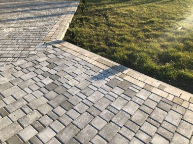 Yeşil bitkilerle dolu bahçe taşı patikası, gündüz vakti tuğla kaldırım. 