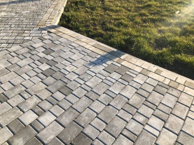 Yeşil bitkilerle dolu bahçe taşı patikası, gündüz vakti tuğla kaldırım. 