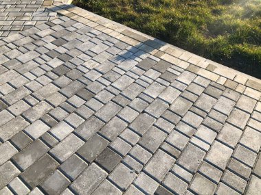 Yeşil bitkilerle dolu bahçe taşı patikası, gündüz vakti tuğla kaldırım. 