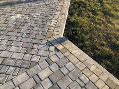 Yeşil bitkilerle dolu bahçe taşı patikası, gündüz vakti tuğla kaldırım. 