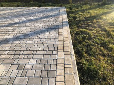 Yeşil bitkilerle dolu bahçe taşı patikası, gündüz vakti tuğla kaldırım. 