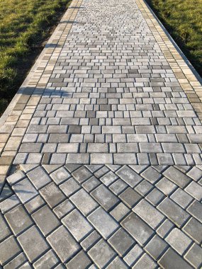 Yeşil bitkilerle dolu bahçe taşı patikası, gündüz vakti tuğla kaldırım. 