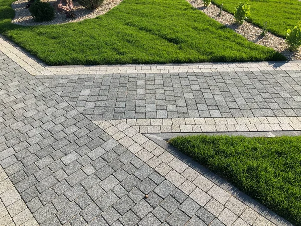 Trädgård Stenstig Med Gröna Växter Tegel Trottoar Dagtid — Stockfoto