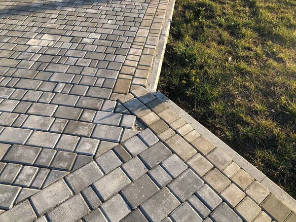 Садовая каменная дорожка с зелеными растениями, кирпичный тротуар в дневное время 