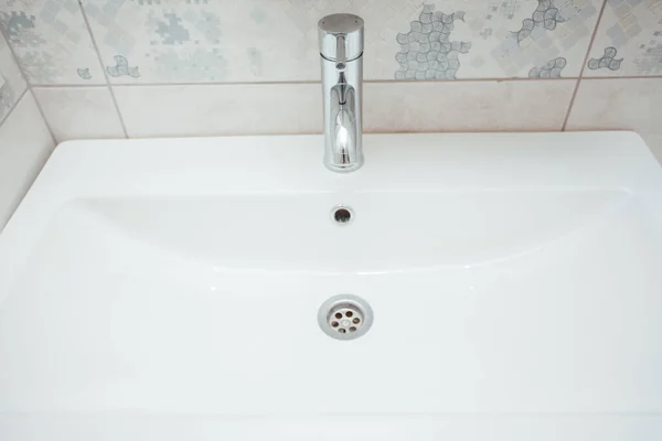 Modern Bathroom Wash Basin Chrome Faucet Gray Tiling — 스톡 사진